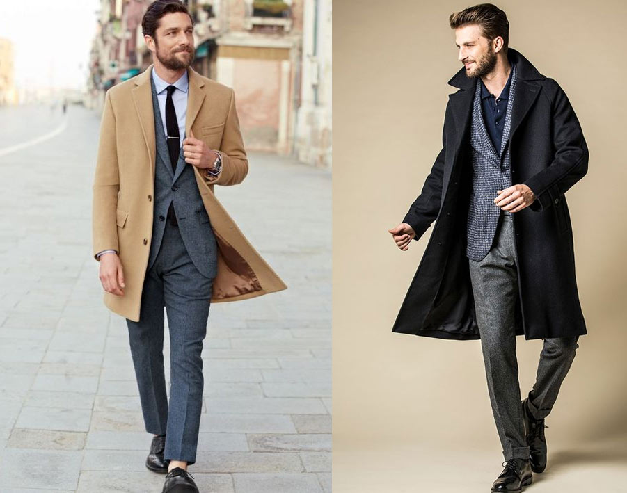 駝色大衣和黑色大衣搭配三件式西裝套裝